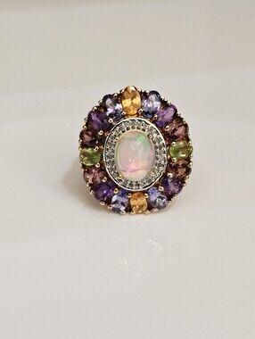 Genuine Opal & Multiple Gemstone Ring 18k Yellow Gold Vermeil Size 7!